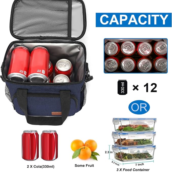 Lunch Bags for Women/Men, Insulated Lunch Bag for Work Office Picnic - Lunch Cooler Bag Leakproof Lunch Box with Adjustable Shoulder Strap - Dark Blue