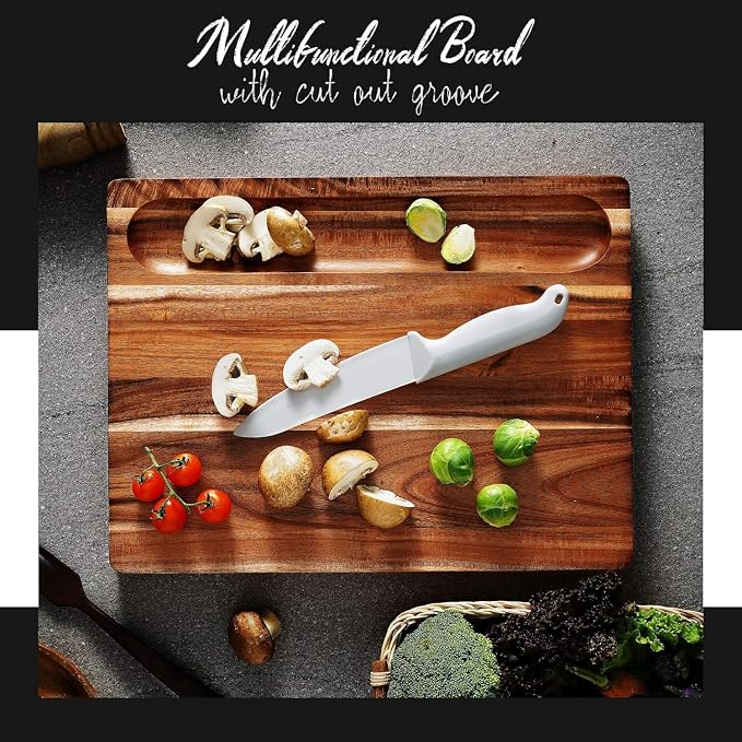 XL Acacia Wood Cutting Board (20x15x1.5in) and Wooden Butcher Block, Chopping Board-Reversible Multipurpose For Meat, Cheese Board, Vegetables, Bread with Juice Groove, Cracker Holder & Inner Handles