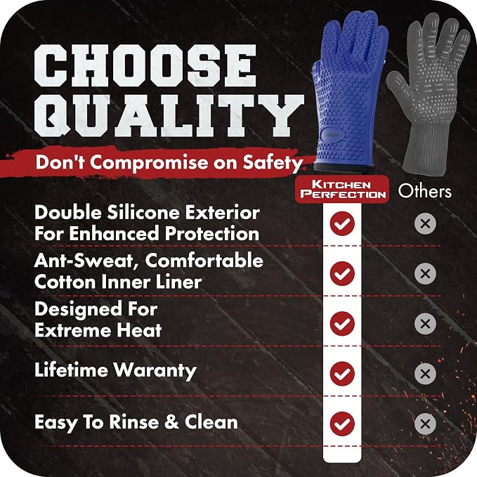 KITCHEN PERFECTION XL Silicone Smoker BBQ Gloves -Heat Resistant Oven Mitts | Waterproof, 5-Finger Design For A Better Grip, for Pitmasters, Meat Smoking, Grilling, Cooking, Frying Turkey | Grill Gift