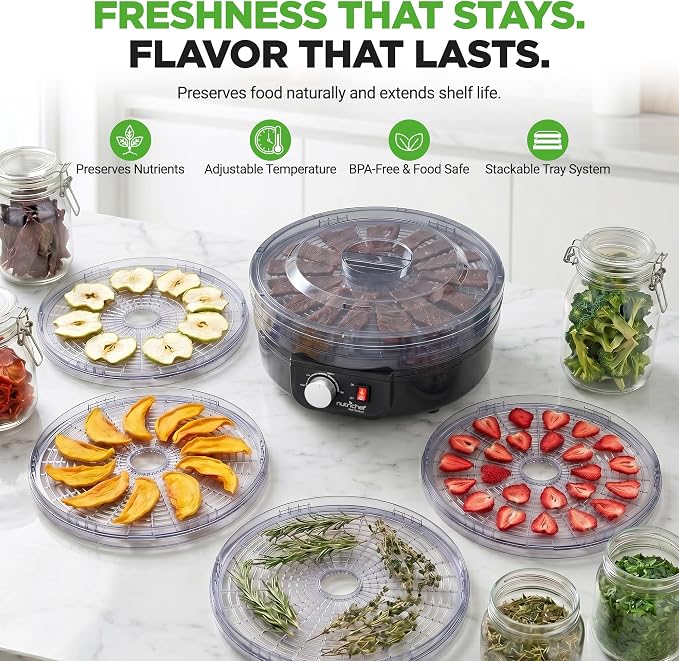 NutriChef Electric Countertop Food Dehydrator - Professional Multi-Tier Food Preserver - Dehydrates Fish, Meats, Mushrooms, Fruits & Vegetables - 5 Easy to Clean Stackable Trays., One Size, Black