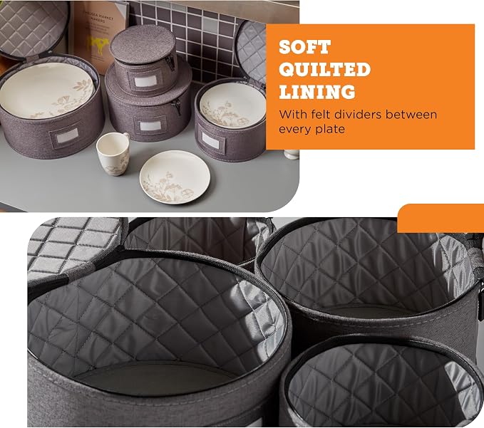 storageLAB 4-Piece Quilted China Plate Storage Set | Felt Dividers | Gray | 4-piece quilted plate set - dinner, salad, dessert & saucer cases, 12 plates each. Felt dividers, dual zippers.