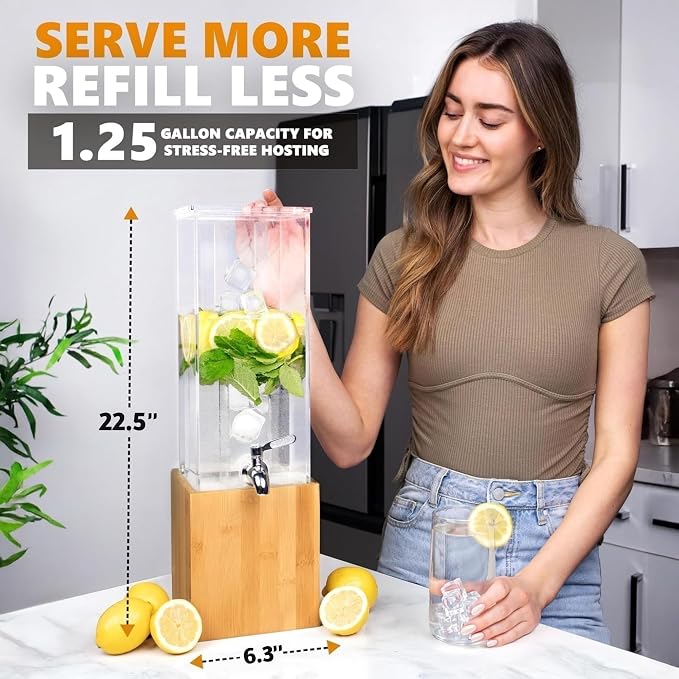 KSESTOR Acrylic Drink Dispenser - 1.25 Gal with Stand and Ice Core | BPA-Free Acrylic Beverage and Juice Dispenser with Bamboo Stand, Ice Core, and Steel Spigot for Parties, Weddings and Events