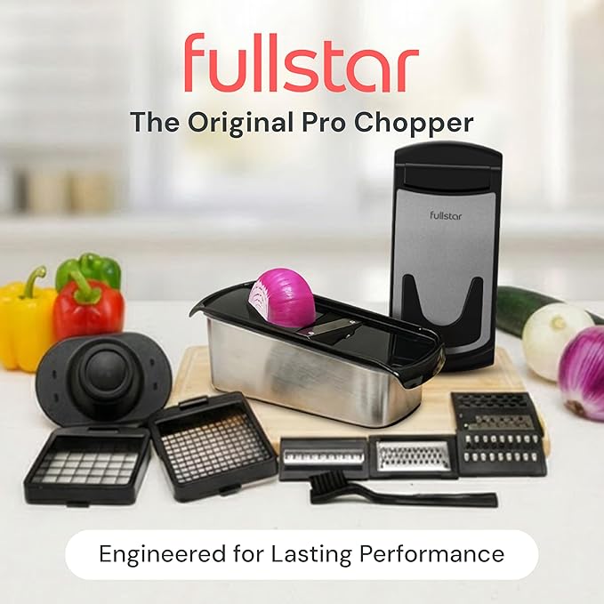 Fullstar Pro Original Vegetable Chopper & Mandoline Slicer Kitchen Gadget | 8 in 1 Veggie Slicer, Onion & Fruit Cutter with Sharp Stainless Steel Blades & Container (Stainless Steel)