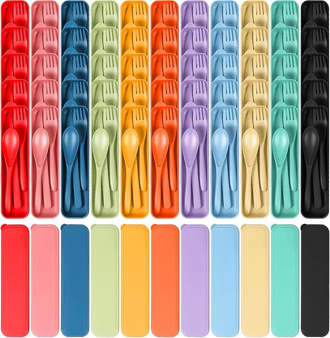 YDYTOP Reusable Travel Utensils Set with Case, 55 Sets Wheat Straw Knife Fork Spoon Cutlery, Multicolor Plastic Silverware for Kids and Adults, School Lunch, Party, Picnic and Camping