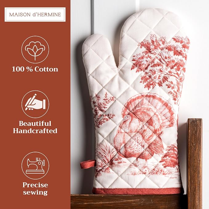 Maison d'Hermine Oven Gloves 100% Cotton Oven Mitt (7" x 13", Pack of 1) | With Loop Heat Resistant BBQ Cooking Gloves Baking Kitchen Handling Hot Pans Thanksgiving Christmas - Holy Jouy - Red