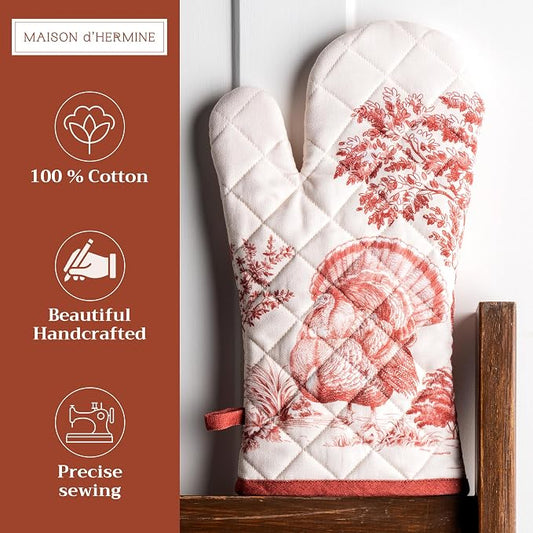 Maison d'Hermine Oven Gloves 100% Cotton Oven Mitt (7" x 13", Pack of 1) | With Loop Heat Resistant BBQ Cooking Gloves Baking Kitchen Handling Hot Pans Thanksgiving Christmas - Holy Jouy - Red