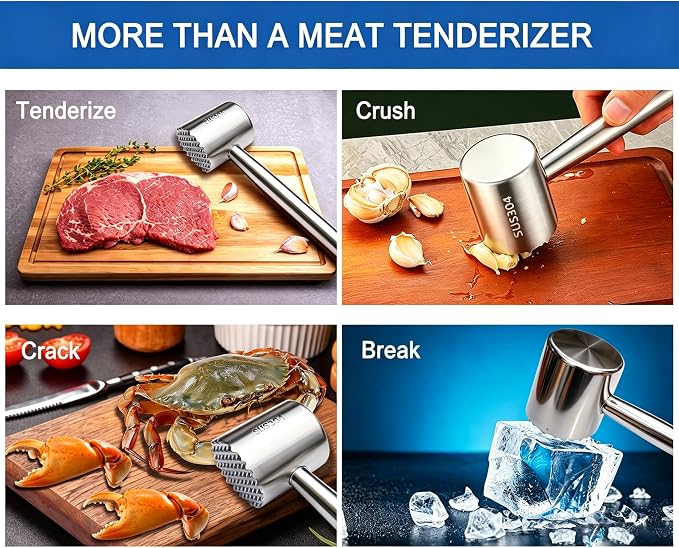 304 Stainless Steel Meat Tenderizer Mallet, Dual-Sided Meat Hammer for Steak & Chicken | meat tenderizer mallet with dual-sided design for tenderizing and flattening steak, chicken, pork. Dishwasher safe