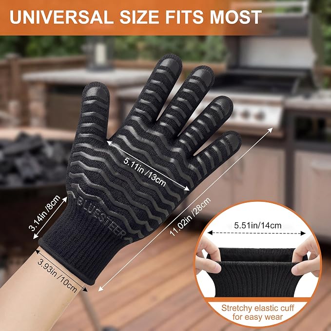 BBQ Gloves 1472°F Heat Resistant Oven Gloves with Fingers Heat Proof Grill Gloves Non-Slip Silicone Oven Mitts for Kitchen Cooking Grilling Baking Smoking Black