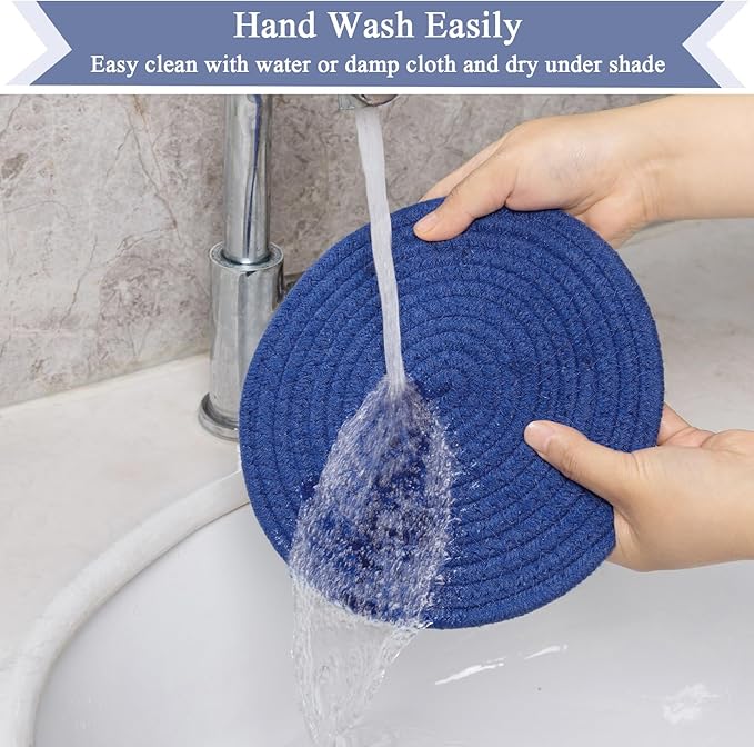 SHACOS 8 Inches Trivets for Hot Dishes, 4 Pieces Cotton Trivets Mats for Kitchen, Hot Pads for Countertops and Table, Heat-Resistant Pot Holders for Hot Pots and Pans(Deep Blue, 4pcs)