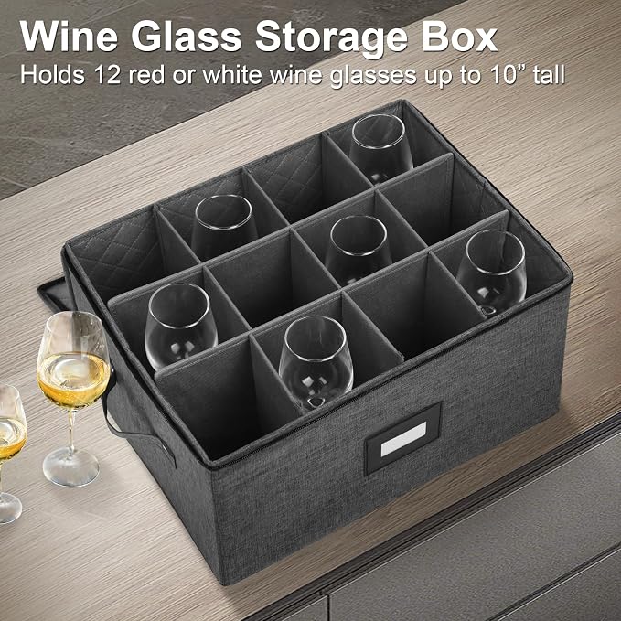 Mayniu Stemware Storage Cases, Wine Glass Storage Box with Dividers | Hard Shell Top, Stackable for Crystal, Glassware Storage Containers for Packing, Moving & Home (17"x13"x10" Black)