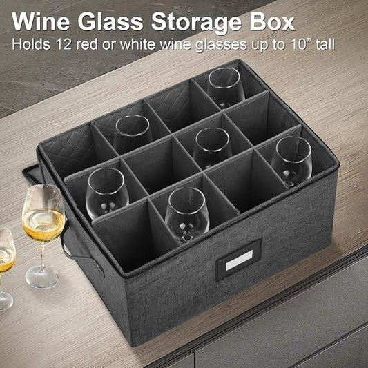 Mayniu Stemware Storage Cases, Wine Glass Storage Box with Dividers | Hard Shell Top, Stackable for Crystal, Glassware Storage Containers for Packing, Moving & Home (17"x13"x10" Black)