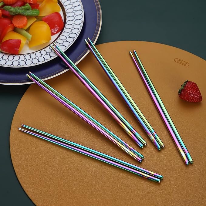 10 Pairs Reusable Chopsticks, Titanium Rainbow Plating Stainless Steel Metal Chop Sticks, Japanese Chinese Korean Chopstick Dishwasher Safe, 8.9 Inch (Coloful / Chop sticks)