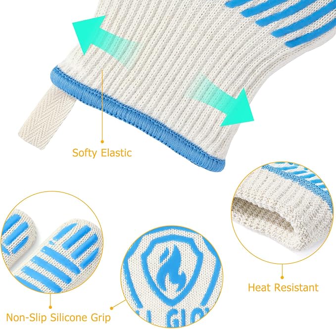 QUWIN BBQ Gloves, Oven Gloves 1472℉ Extreme Heat Resistant, Grilling Gloves Silicone Non-Slip Oven Mitts, Kitchen Gloves for BBQ, Grilling, Cooking, Baking-1 Pair… (Blue, One Size Fits Most)