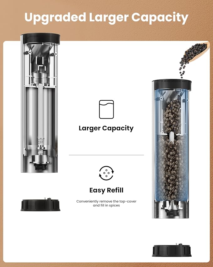 Electric Salt and Pepper Grinder Set with Rechargeable Base - Upgraded Large Capacity, Refillable Pepper Mill Set with LED Light & Adjustable Coarseness, Ideal for Kitchen, Outdoor, BBQ & Gift Giving