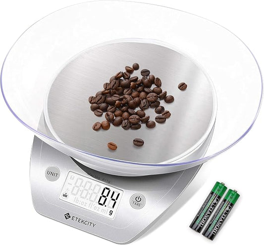 Etekcity 0.1g Food Kitchen Scale, Bowl, Digital Grams and Ounces for Weight Loss, Dieting, Baking, Cooking, and Meal Prep, 11lb/5kg, Stainless Steel Silver | 11lb/5kg capacity with tare, removable bowl, ideal for baking, coffee, meal prep and portion c...