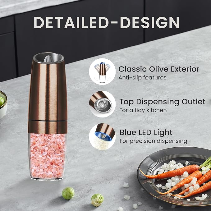Battery Operated Salt And Pepper Grinder Set with LED Light, Automatic Electric Gravity Salt And Pepper Shakers Set, Each 6 AAA Batteries Needed, Adjustable Roughness, 2 Pack (Copper)