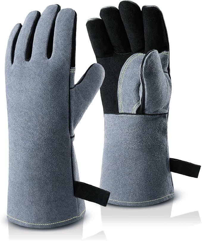OZERO Welding Gloves: 932°F Heat Resistant Gloves, Black-Gray, 14 Inch | 1.2 mm Split Cowhide, Reinforced Palm, Long Cuff, for MIG TIG Stick Forge BBQ Grill Fireplace Fire Pit Wood Stove Oven