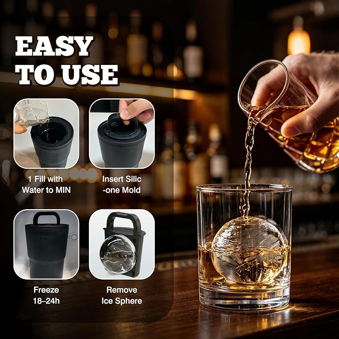 Crystal Clear Ice Ball Maker with Insulated Black Cup – Large Sphere Silicone Ice Mold for Whiskey & Cocktails Slow Melting Clear Ice Maker, Bourbon, Scotch Gifts for Home Bar 2 Pack