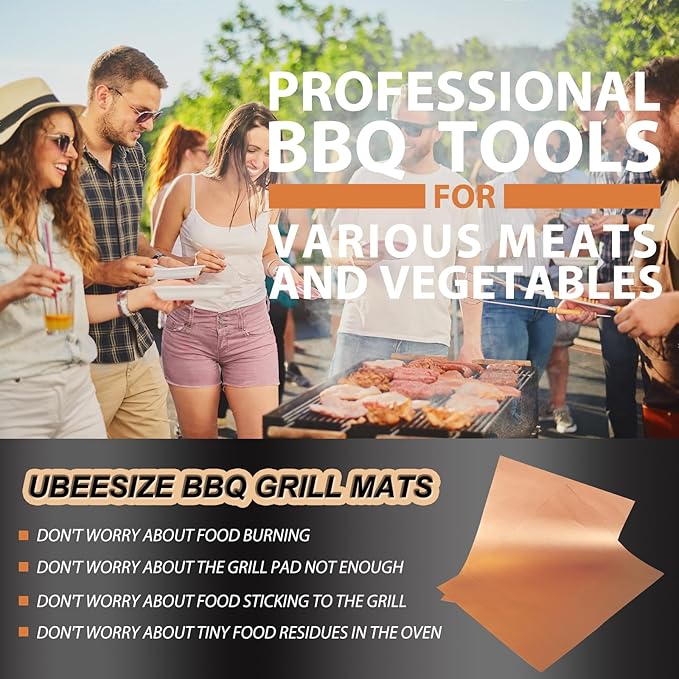UBeesize Copper Grill Mats 6-Pack, Non-Stick PFOA-Free, 500°F Heat Resistant, Easy Clean, Cut-to-Fit for Gas/Charcoal/Infrared Grills, Camping Accessories for Steak Chicken Fish Vegetables