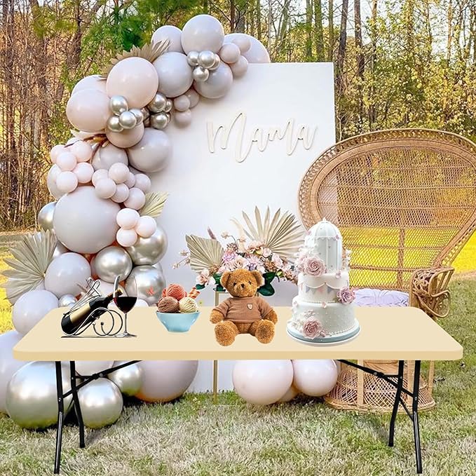 6 Pack Stretch Fabric Table Top Cap Cover, fits 6' Tables, Spandex Table Covers Washable Elastic Rectangle Tablecloth Protector for Indoor Outdoor Party Picnic Wedding, Beige, 30" W x 72" L