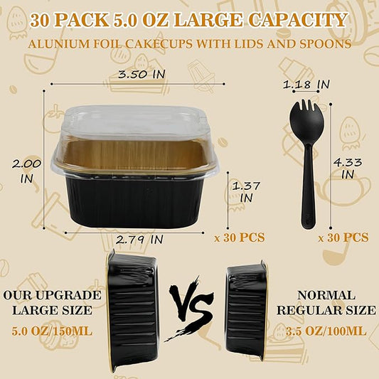 Mini Cake Pans With Lids, BAKINGPAK 30PCS 5OZ Square Mini Aluminum Pans Disposable Aluminum Foil Cupcake Cups Individual Cake Pans with Lids for Children Party Wedding Party,Black Gold