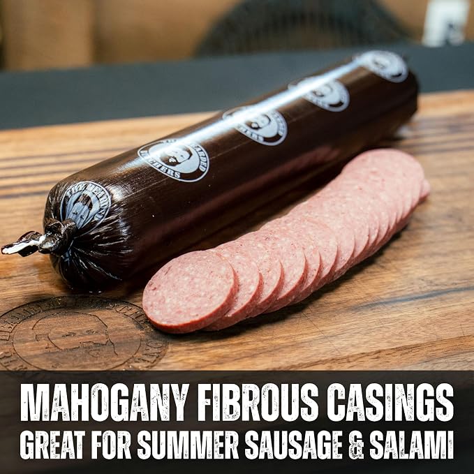 Bearded Butchers Summer Sausage Casings, 2.5" x 20" Mahogany Fibrous Casings (10-Pack) – Great for Summer Sausage, Salami & Bologna Skins – Holds 25-30lbs Total, Non-Edible – Includes 10 Twist Ties