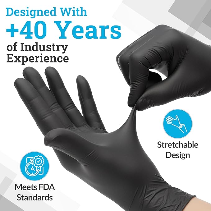 Hand-E Touch Black Nitrile Black Disposable Gloves Large, 200 Count - BBQ, Tattoo, Hair Dye, Cooking, Mechanic Gloves - Powder and Latex Free
