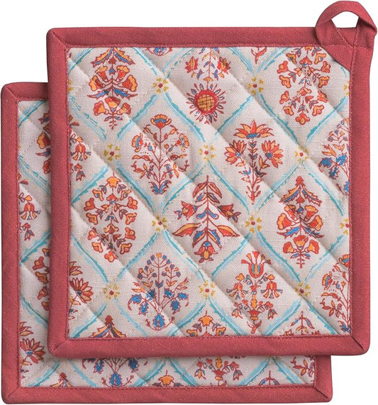 Maison d' Hermine Pot Holders 100% Cotton Potholders (8" x 8", Pack of 2) | Heat Resistant Hot Pads with Loop BBQ Cooking Baking Hotel Kitchen Handling Hot Pans Thanksgiving Christmas - Romane