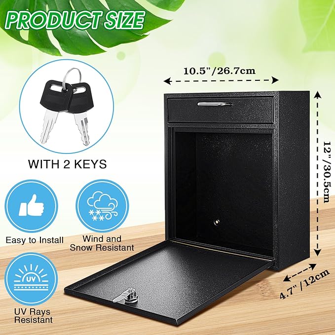 Yaocom Locking Mailbox with Key for Outdoor 12 x 10.5 x 4.7 Inches Large Wall Mount Mail Box with Lock Security Mail Drop Metal Collection Boxes Hanging Secure Postbox(Black)