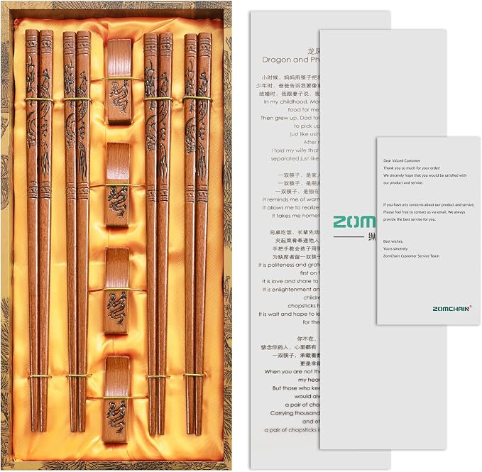 Reusable Chopsticks, Hand-Carved Dragon Design Wooden Chopstick, Chinese Chopsticks Reusable Dishwasher Safe, Chop Sticks Gift Sets - 4 Pairs