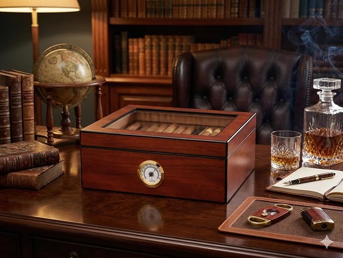 Premium Spanish Cedar Cigar Humidor – 25-50 Cuba Cigar Capacity, Sapele Cherry Finish Cigar Storage Box, Glass Top, Built-In Hygrometer & Humidifier – 10.25" W x 8.75" D x 4.5" H