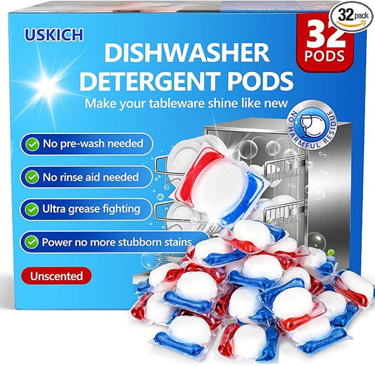 32 Count Dishwasher Pods, No Pre-Rinse Dishwasher Detergent Soap On Stain and Grease, Leaving a Virtually Spotless Shine,Dishwasher Detergent for Deep Cleaning
