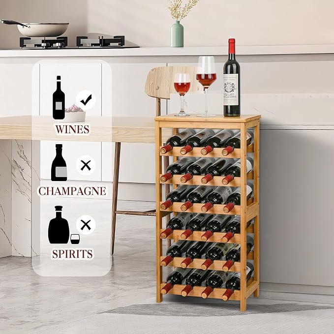 VASMIA Wine Rack Free Standing Floor, 6-Tier Display Wine Storage Shelves with Table Top, 24-Bottle Bamboo Wine Rack Shelf for Kitchen Bar Dining Room Living Room, Natural