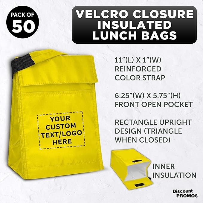 DISCOUNT PROMOS 50 Hook and Loop Insulated Lunch Bags Set - Customizable Text, Logo - Polyester, Durable, Vibrant, Reusable - Yellow