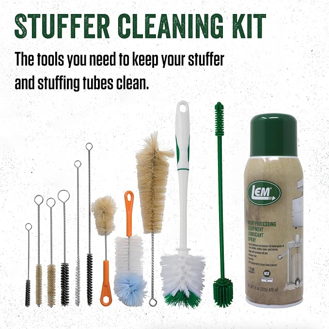 LEM Products Stuffer Cleaning Kit, Brushes and Lubricant Spray | 10 Assorted Cleaning Brushes and Dual-End Silicone Brush to Reach Tight Spaces, 11 Oz Can Lubricant Spray (Food-Grade)