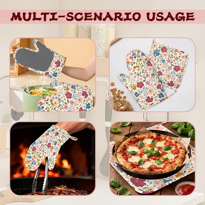 Wildflowers Floral Meadow Oven Mitts and Pot Holders (4PCS),Heat Resistant Non-Slip Silicone Kitchen Gloves for Cooking, Baking, BBQ Waterproof Kitchen Accessories