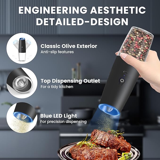 UNNEES Rechargeable Electric Salt and Pepper Grinder, gravity electric salt and pepper grinder, Adjustable Roughness, LED Light, 1 Pack, (Black)