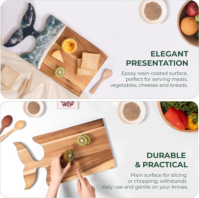 Whale Tail Serving Board, 15"x 7.9" Acacia Wood Ocean Resin Art Charcuterie Cheese Tray for Meal Prep, Fruit or Meat Display, Cutting Board on Back, Unique Gift for Women, Housewarming Gift