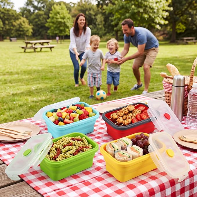 Set of 8 Silicone Collapsible Bowls for Camping with Vent Lid Silicone Storage Containers for Food Meal Preparation Square Bowl Microwave Freezer Dishwasher Safe (Candy Color,17 Oz/ 500 ml)