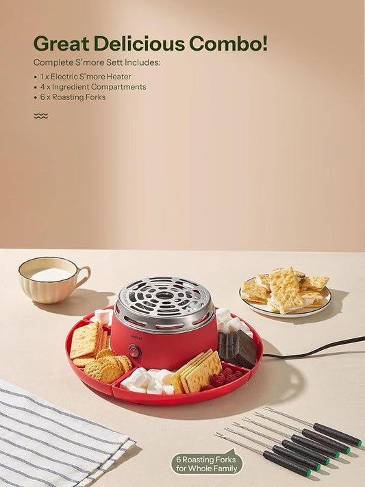 S'mores Maker Tabletop Indoor, Reemix Flameless Electric Marshmallow Roaster with 4 Detachable Trays & 6 Roasting Forks, Gift Set & Date Night Idea, Red