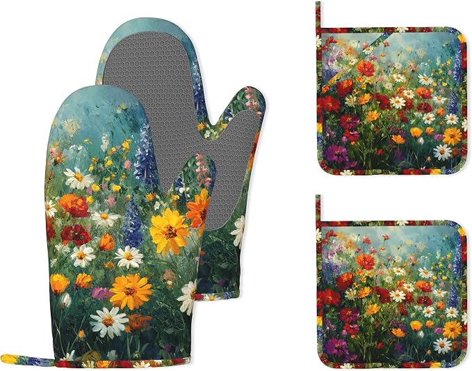 Vintage Oil Painting Flower Field Oven Mitts and Pot Holders (4PCS),Heat Resistant Non-Slip Silicone Kitchen Gloves for Cooking, Baking, BBQ Waterproof Kitchen Accessories