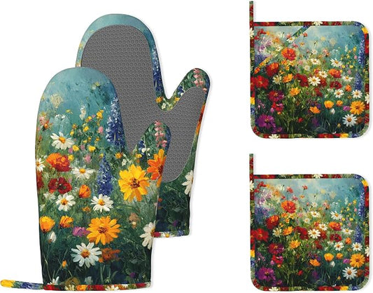 Vintage Oil Painting Flower Field Oven Mitts and Pot Holders (4PCS),Heat Resistant Non-Slip Silicone Kitchen Gloves for Cooking, Baking, BBQ Waterproof Kitchen Accessories