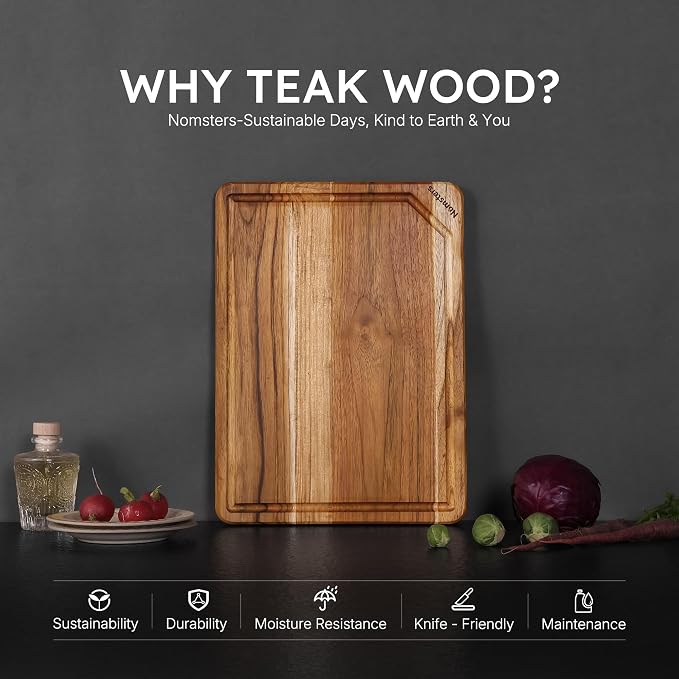 15" Teak Wood Cutting Boards for Kitchen Wooden Chopping Board Non Toxic | Charcuterie Board, Serving, Heavy Duty, Over Sink, Non Slip, Wooden Chopping Board, Small Wooden Chopping Board, Kitchen Gift
