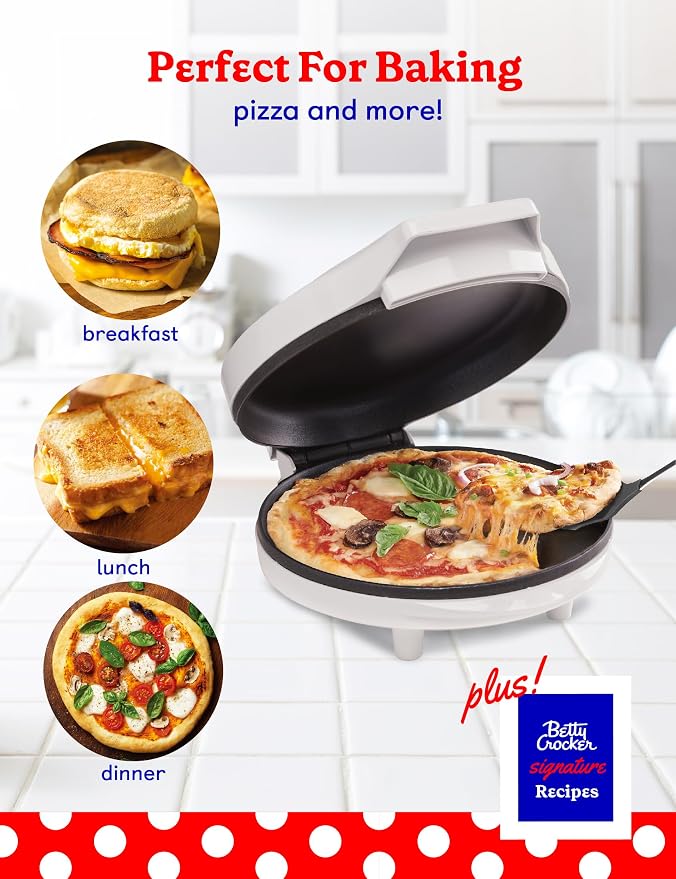 Betty Crocker 8" Travel Pizza Maker Plus, Indoor Electric Grill With Insulated Travel Bag, Nonstick Pan for Pizzas, Quesadillas, Nachos and more, Pizza Machine for Delicious Meals and Snacks, White