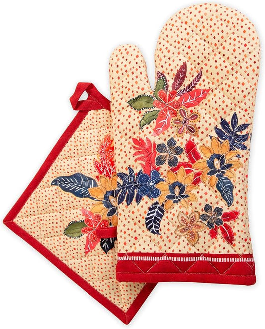Maison d' Hermine 100% Cotton Oven Mitt & Pot Holder Set (7.5"x13" & 8"x8") | Heat Resistant BBQ Cooking Gloves with Loop Baking Grilling Kitchen Hotel Home Farmhouse Thanksgiving Christmas - Kalahari