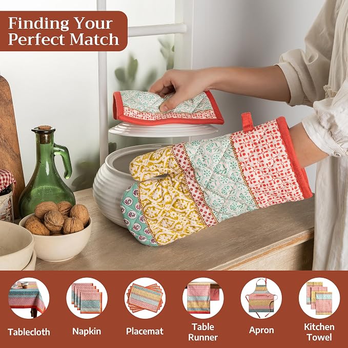 Maison d'Hermine Oven Gloves 100% Cotton Oven Mitt (7" x 13", Pack of 1) | With Loop Heat Resistant BBQ Cooking Gloves Baking Grilling Kitchen Handling Hot Pans Spring Summer - Provence