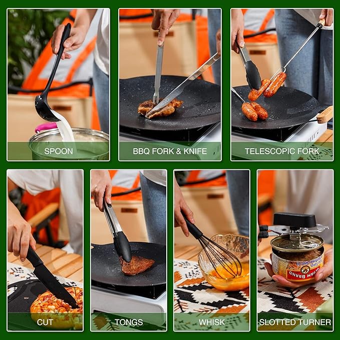 Wesqunie Camping Cooking Utensils Set, Cookware Set for Outdoor Hiking BBQ | Stainless Steel & Silicone Mess Kit, Durable Outdoor Kitchen Gear for Hiking, RV, Picnic Grill & Travel Camping Meal Prep