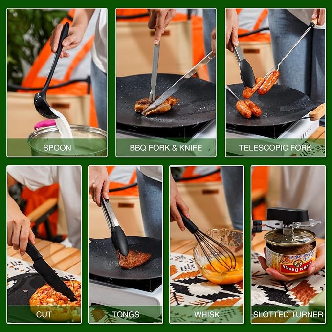 Wesqunie Camping Cookware Cooking Utensils Set - 30Pcs Camp Kitchen Essentials Set, Portable Outdoor Camper Gear Accessories, Stainless Steel & Silicone, Overland Equipment for RV Picnic Grill | Portable Camping Essentials, Stainless Steel Cookware Kit...