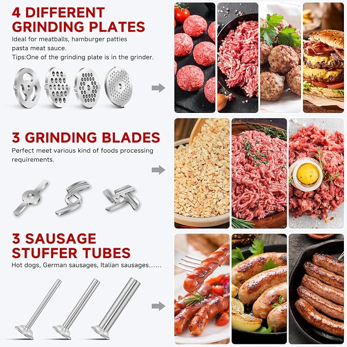 Meat Grinder Attachment for Kitchen Aid Stand Mixer, Food Attachment Included 4 Grinding Plates, 3 Sausage Stuffer Tubes & Holder, 2 Grinding Blades, Burger Press, Dishwasher Safe, Stainless Steel