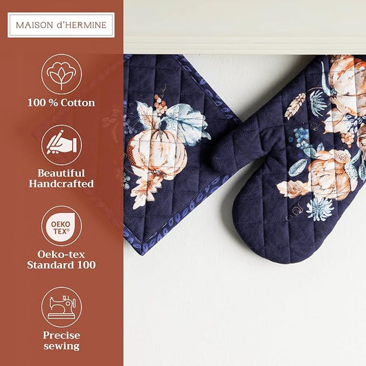 Maison d' Hermine 100% Cotton Oven Mitt & Pot Holder Set (7.5"x13" & 8"x8") | Heat Resistant BBQ Cooking Gloves with Loop Baking Grilling Kitchen Home Farmhouse Thanksgiving Christmas - Pumpkin Blues